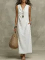 Vista dettagliata dell'abito lungo estivo casual smanicato con scollo ad anello bianco. - Taglia S / Bianco