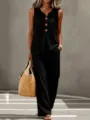Casual summer sleeveless v-neck top and pants set detail view, stylish solid black design. - S / Top And Bottom / Black
