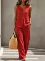 Detail view of a women's summer red linen two-piece set, V-neck sleeveless top and trousers. - S / Top And Bottom / Red