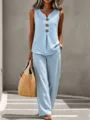 Light blue sleeveless V-neck button top and matching trousers set detail showcase. - S / Top And Bottom / Apricot