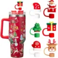 Kerstbeker met 6 stuks siliconen rietje toppers schattige cartoon stofkap deksel set - Zwart