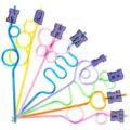 Colorful curly drinking straws with letter charms, fun party plastic straw accessories. - Style 5 (24 Pcs)