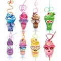 Cute kids valentine crazy straw set detail showing colorful dessert cards with fun faces. - Style 6
