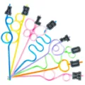 Colorful crazy loop drinking straws with varsity letter charms for birthday party decor - Style 1 (24 Pcs Set)