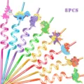 8pcs reusable plastic curly drinking straws with cute cartoon dinosaur toppers for kids party. - 8pcs