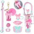 Rosa Trinkbecher Zubehör Set Silikon Schutzhülle Schleife Strohhalmdeckel Deko - Kombination 4 (7-teiliges Set)