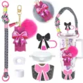 Set accessori per borraccia Stanley con custodia in silicone, tracolla e fiocco decorativo. - Combinazione 6 (Set di 7 Pezzi)