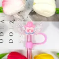 Cute pink angel wings cartoon straw cover dust cap with funny big lips design for cups. - Style 13