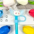 Cute cat straw cover with shiny angel wings, blue silicone dust-proof cap for tumblers. - Picture 19