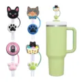Cute cat paw silicone straw covers set with green tumbler cup, fit 10mm straws safely. - Cat and Cat Paw Style