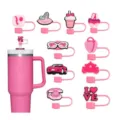 Cute pink tumbler straw covers set with various lovely charms for 10mm wide straws. - Style 3