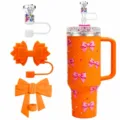 Oranje strass beker met roze strikken, diamantring rietje topper en siliconen strik rietje beschermers. - 3-delige rietjesdoppenset (Exclusief beker en rietje) / 5