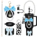 Stanley cup charm set pearl strap pom pom bow keychain diamond straw topper lipstick pouch - Picture 7