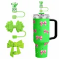 Groene strass beker met roze strikken en schattige siliconen rietjesafdekkers. - 3-delige rietjesdoppenset (Exclusief beker en rietje) / 8
