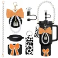 Stanley tumbler accessories set with pearl strap bow keychain cow print lipstick holder straw topper - Picture 8