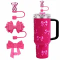 Roze strass roestvrijstalen tumbler beker met schattige strik siliconen rietjehoes set. - 3-delige rietjesdoppenset (Exclusief beker en rietje) / 9
