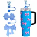 Blauwe strass thermosbeker detail met roze strikken, diamant rietje topper en accessoires. - 3-delige rietjesdoppenset (Exclusief beker en rietje) / 13