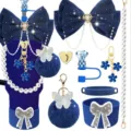Dark blue Stanley cup accessories set including pearl chain, bowknot, pompom and cup boot. - Cup and Straw Not Included / Set 1
