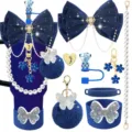Stanley cup accessories blue bow pearl chain flower pendant pompom butterfly keychain set - Cup and Straw Not Included / Set 2