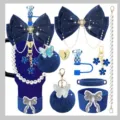 Blue tumbler accessory set featuring large bow, pearl chain strap, flower charms and fluffy pompom. - Cup and Straw Not Included / Set 6