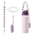Handmade crochet water bottle strap set with white silicone ring and cute accessories. - Style 21