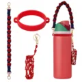 Handmade woven water bottle strap with silicone ring and mini mesh pouch set for cups. - Style 25