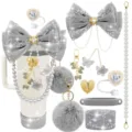 Set accessori fiocco grigio catena perle pon pon ciondolo borraccia silicone copertura - Stile 10
