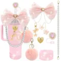 Set accessori per tazza Stanley rosa con grazioso fiocco catena di perle e fondo - Stile 11