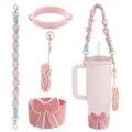 Pink tumbler accessory set with crochet daisy strap, bow silicone boot and lipstick pouch. - Style 4