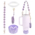 Handmade woven tumbler accessories set with purple floral strap and cute bow silicone boot. - Style 5