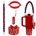 Handmade woven tumbler strap accessories set with bow cup boot and lipstick net pouch. - Style 9