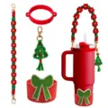Christmas Stanley tumbler accessory set with braided strap, silicone bow boot and tree charm. - Style 10
