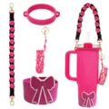 Handmade woven strap, bow silicone boot, and mini lipstick net pouch for tumbler details. - Style 11