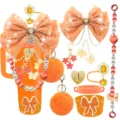 Set di accessori per tazza arancione con fiocco, catene di perle e protezione in silicone. - Stile 2