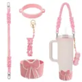 Handmade woven water bottle strap set with cute pink bow silicone boot and lipstick pouch detail. - Style 15