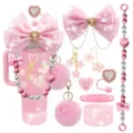 Set accessori per tazza rosa con fiocchi carini, catene di perle e pon pon per uso. - Combinazione 7