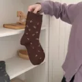 Brown floral mid-calf socks vintage style knitted warm socks cozy apparel accessory - Coffee