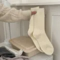 Solid color wool knit mid-tube socks winter warm cozy soft casual cream stockings - One Size / Rice Apricot