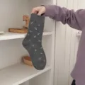 Vintage floral knit mid-calf socks for women, warm winter thermal cotton socks with cute patterns. - Gray