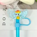 Cute winged rainbow pony silicone straw cover dust cap, glitter blue reusable straw topper. - Figure 60