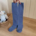 Solid color blue knee high socks, ribbed top long stockings for women, comfortable daily wear. - One Size / Fog Blue