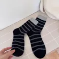 Women's black and grey striped mid-calf cotton socks, comfortable daily casual wear. - One Size / Black
