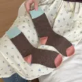 Merino wool contrast color mid tube socks winter thick warm vintage crew socks for women - One Size / Medium Coffee
