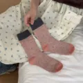 Thickened Merino wool colorblock mid-tube socks for winter warm comfortable daily wear pair - One Size / Dusty Pink