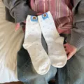 Dachshund cartoon embroidery mid-tube socks, white color with blue polka dots variant. - One Size / White