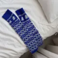 Blue white Fair Isle knit leg warmers cozy winter thermal footless socks warm hosiery - Blue
