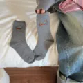 Grey cute dachshund embroidered crew socks, premium combed cotton daily casual mid-tube socks - One Size / Gray