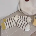Japanese striped mid-tube socks, white with brown stripes and yellow cuffs, cozy daily wear. - One Size / Creamy White