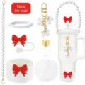 Set accessori per bicchiere cinturino di perle custodia in silicone fiocco pompon portachiavi - Set 6 (tazza non inclusa)