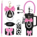 Stanley tumbler accessories set pink pearl chain bow pom pom keychain diamond straw topper - Picture 28